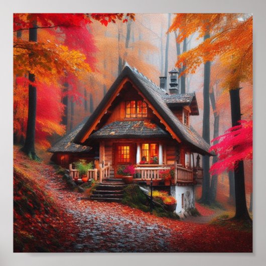 Eine gemütliche Hütte mit schönen Herbstblättern Poster (Vorne)