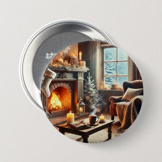 Eine gemütliche Winterlandschaft am Kamin Button (Vorne & Hinten)