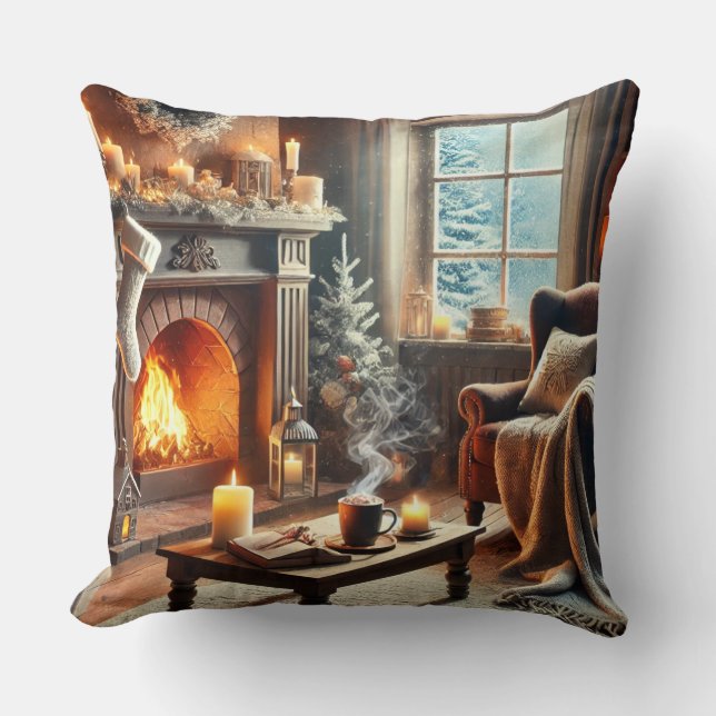 Eine gemütliche Winterlandschaft am Kamin Kissen (Vorderseite)