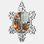 Eine gemütliche Winterlandschaft am Kamin Schneeflocken Zinn-Ornament (Rechts)