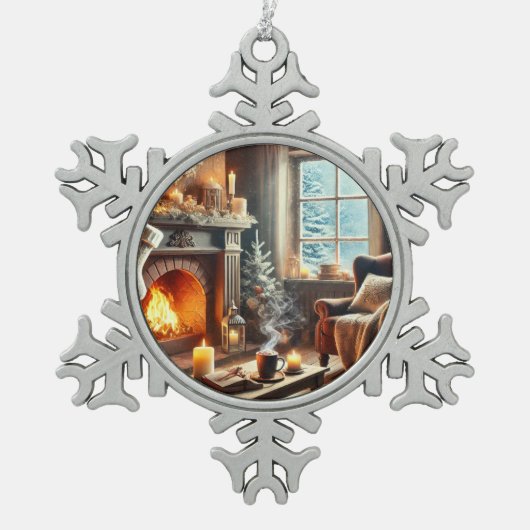 Eine gemütliche Winterlandschaft am Kamin Schneeflocken Zinn-Ornament (Vorderseite)
