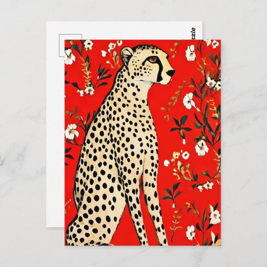 Eine Geparde mit rotem Hintergrund und Blume Postkarte (Vorne/Hinten)