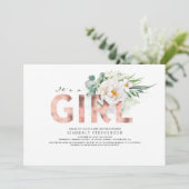 Eine Girl Floral Rose Gold Typografie Kinderdusche Einladung (Stehend Vorderseite)