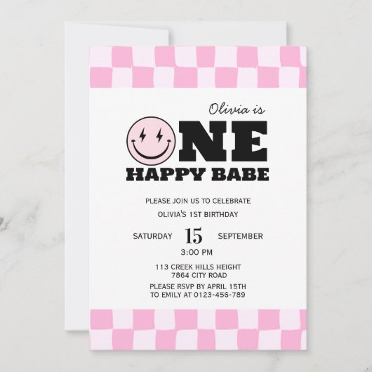 Eine glückliche Babe Pink Girls Einladung Geburtst (Vorderseite)