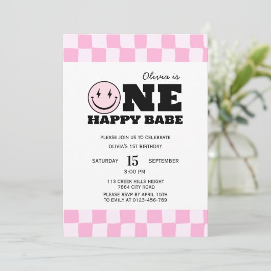 Eine glückliche Babe Pink Girls Einladung Geburtst (Stehend Vorderseite)