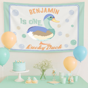 Eine Glückliche Ente & Blasen Erster Geburtstag Pa Banner