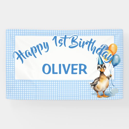 Eine glückliche Ente mit blauem Gingham zum Geburt Banner (Horizontal)