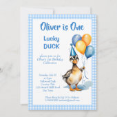 Eine glückliche Ente mit blauer Gingham Geburtstag Einladung (Vorderseite)
