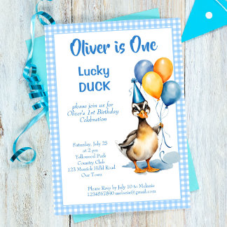 Eine glückliche Ente mit blauer Gingham Geburtstag Einladung