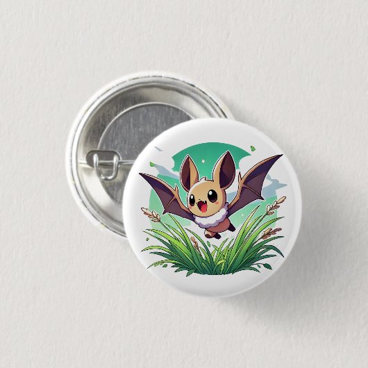 Eine glückliche, fliegende Fledermaus auf einem Gr Button (Vorne & Hinten)