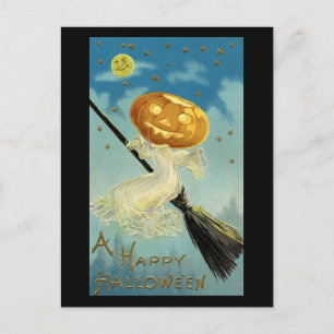 Eine glückliche Halloween-Kürbiskopf-Hexe Vintage Postkarte