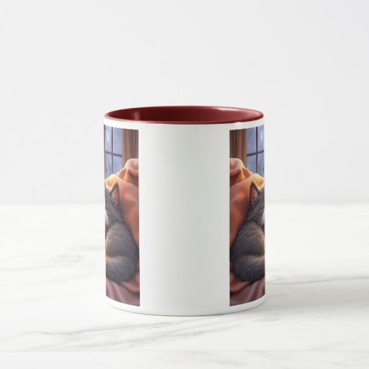 Eine graue Katze, die am Feuer schläft. Tasse (Zentrum)