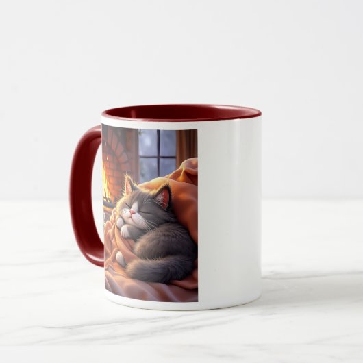 Eine graue Katze, die am Feuer schläft. Tasse (Vorderseite Links)