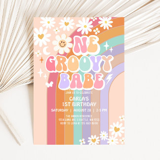 Eine Groovy Babe Daisy Regenbogen Retro 1. Geburts Einladung
