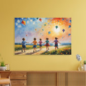 eine Gruppe von Kindern, die mit Drachen laufen Leinwanddruck (Insitu (Wohnzimmer))