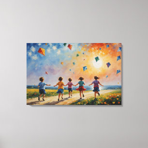 eine Gruppe von Kindern, die mit Drachen laufen Leinwanddruck