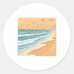 eine Gruppe von Möwen, die über einen Strand mit W Runder Aufkleber