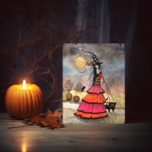 Eine Halloween-Fantasy-Hexe und -Katze Karte