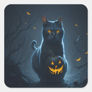 Eine Halloween-Katze mit glühendem Jackolantern Quadratischer Aufkleber