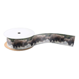 Eine Herde Brown Bison Graze in einer Wiese Satinband