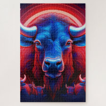 Eine Herde von rotem weißem und blauem Buffalo