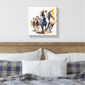 Eine Herde wilder Pferde, die durch eine Wiese lau Leinwanddruck (Insitu (Schlafzimmer))