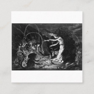 Eine Hexe auf ihrem Kessel umgeben von J Wellcome Quadratische Visitenkarte