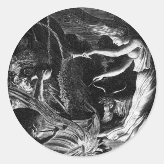 Eine Hexe auf ihrem Kessel umgeben von J Wellcome Runder Aufkleber (Vorderseite)