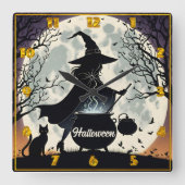 Eine Hexe braut Tränke unter einem glühenden Vollm Quadratische Wanduhr (Vorderseite)