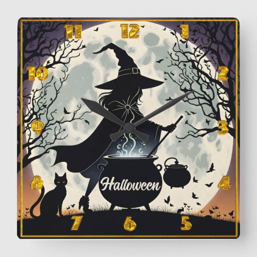 Eine Hexe braut Tränke unter einem glühenden Vollm Quadratische Wanduhr (Vorderseite)