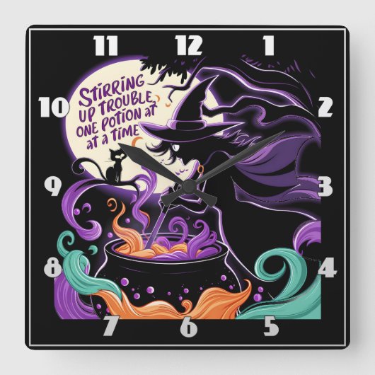 Eine Hexe braut Tränke unter Vollmond Quadratische Wanduhr (Vorderseite)