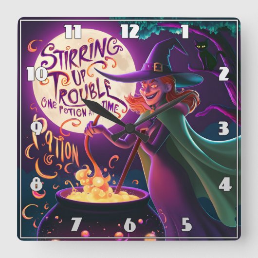 Eine Hexe braut Tränke unter Vollmond Quadratische Wanduhr (Vorderseite)