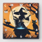 Eine Hexe braut Tränke unter Vollmond Quadratische Wanduhr (Vorderseite)