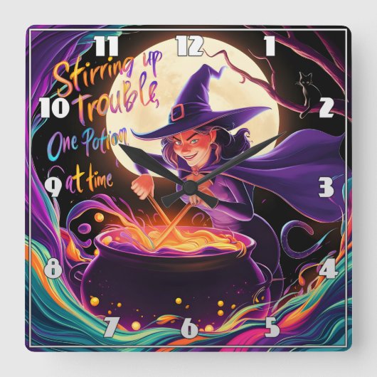 Eine Hexe braut Tränke unter Vollmond Quadratische Wanduhr (Vorderseite)