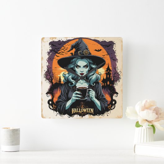 Eine Hexe bricht unter Vollmond Magie auf Quadratische Wanduhr (Zuhause)
