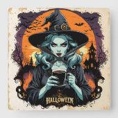 Eine Hexe bricht unter Vollmond Magie auf Quadratische Wanduhr (Vorderseite)