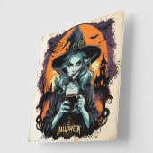 Eine Hexe bricht unter Vollmond Magie auf Quadratische Wanduhr (Winkel)