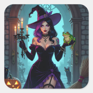 Eine Hexe, ein Candelabra und ein FroschHalloween Quadratischer Aufkleber
