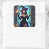 Eine Hexe, ein Candelabra und ein FroschHalloween Quadratischer Aufkleber (Tasche)