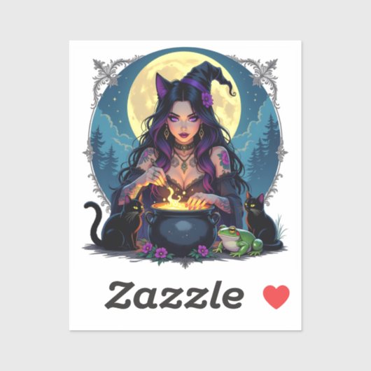 Eine Hexe, eine schwarze Katze und ein FroschHallo Aufkleber (Blatt)