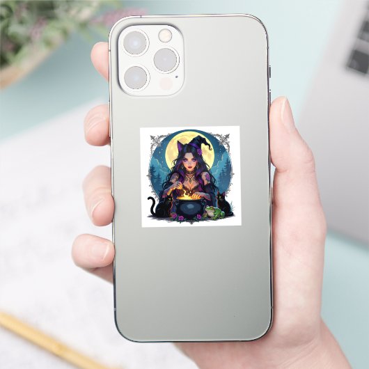 Eine Hexe, eine schwarze Katze und ein FroschHallo Aufkleber (Telefon)