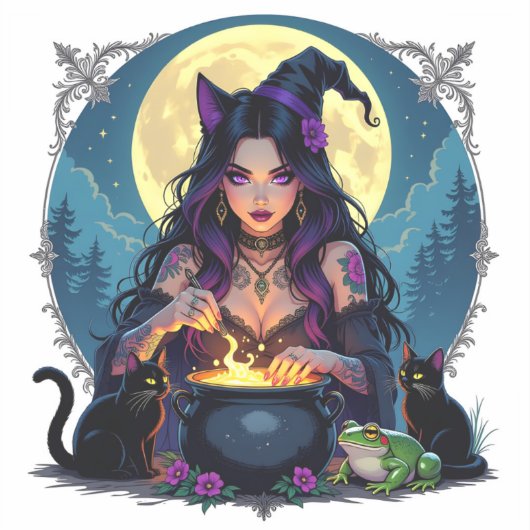 Eine Hexe, eine schwarze Katze und ein FroschHallo Aufkleber (Vorderseite)