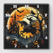 Eine Hexe fährt unter einem spöttischen Erntemond Quadratische Wanduhr (Vorderseite)
