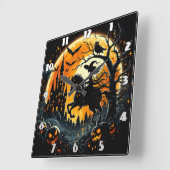 Eine Hexe fährt unter einem spöttischen Erntemond Quadratische Wanduhr (Winkel)