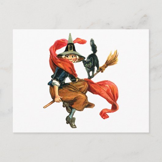 Eine Hexe fliegt mit ihrer schwarzen Katze auf ihr Postkarte (Vorderseite)