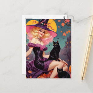 Eine Hexe mit ihren schwarzen Katzen Postkarte