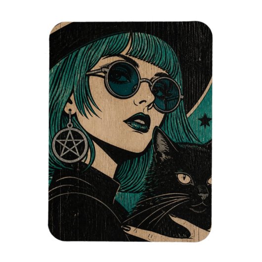 Eine Hexe mit ihrer schwarzen Katze Holzschnitt Magnet (Vertikal)