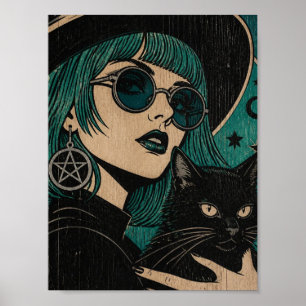 Eine Hexe mit ihrer schwarzen Katze Holzschnitt Poster