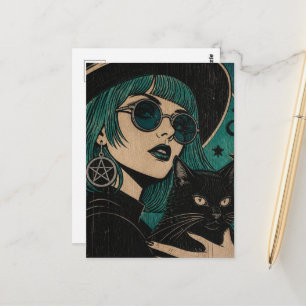 Eine Hexe mit ihrer schwarzen Katze Holzschnitt Postkarte