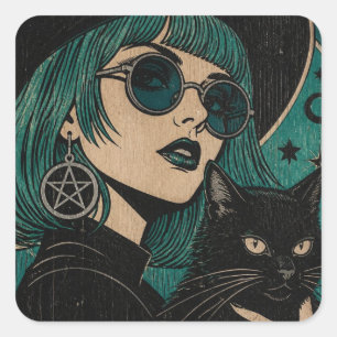 Eine Hexe mit ihrer schwarzen Katze Holzschnitt Quadratischer Aufkleber